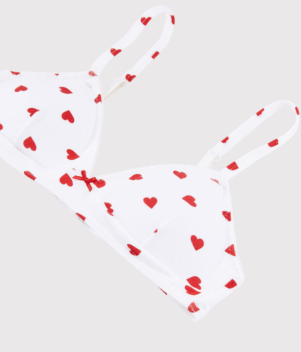 Soutien-gorge padd&eacute; c&oelig;ur rouge fille en coton biologique  et elasthanne blanc/rouge