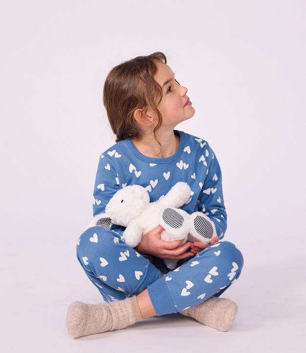 Kinderpyjama van fleece met hartjesprint blauw/wit