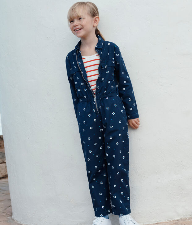 Katoenen kinderjumpsuit met lange mouwen en bloemenprint blauw/wit