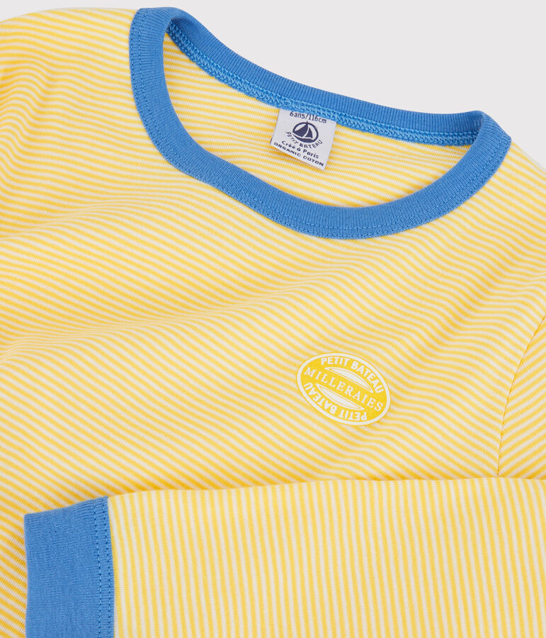 Pyjama ray&eacute; milleraies en coton enfant jaune ORGE/blanc MARSHMALLOW