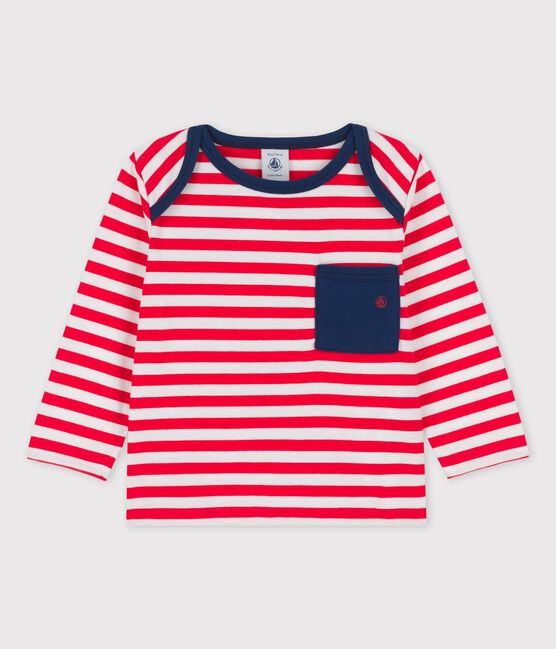 Gestreept T-shirt met lange mouwen in jersey voor baby's rood PEPS/wit MARSHMALLOW