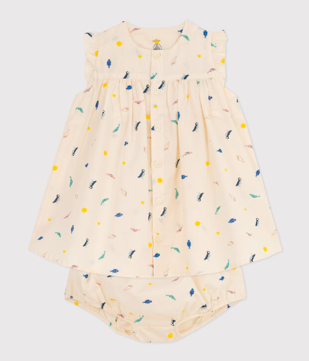 Popeline jurk en bloomer met print voor baby's ecru/multicouleur