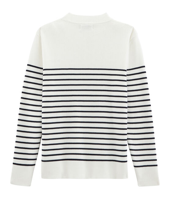 Pull marin en coton tricot côte 1x1. blanc MARSHMALLOW/bleu SMOKING