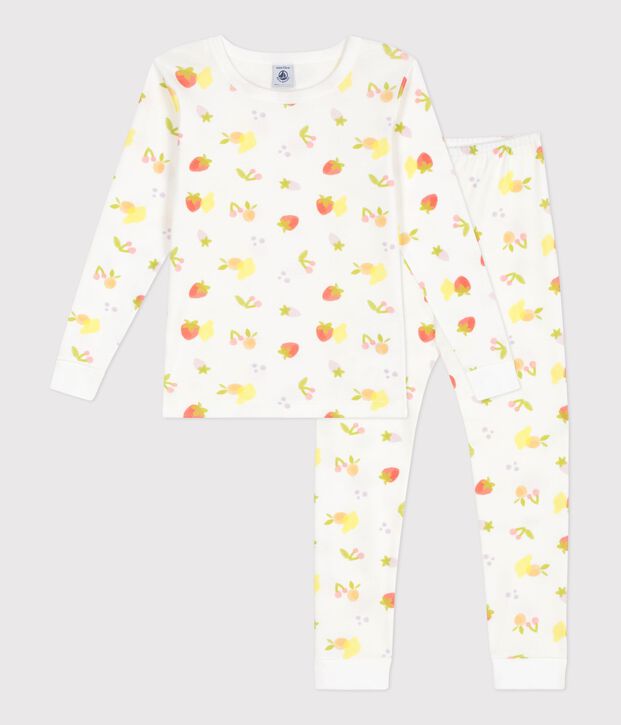 Nauw aansluitende katoenen kinderpyjama met vurchtenprint wit/multicouleur
