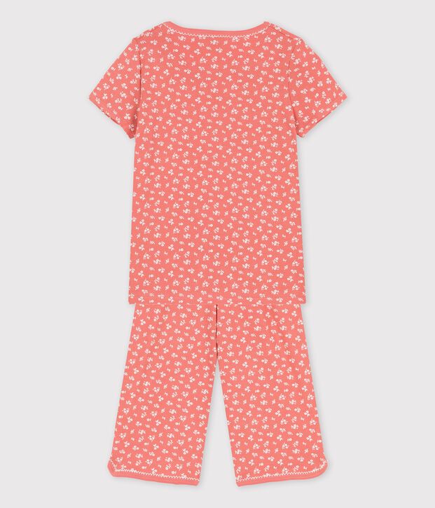 Meisjespyjama met korte mouwen en bloemenprint in biokatoen roze/wit