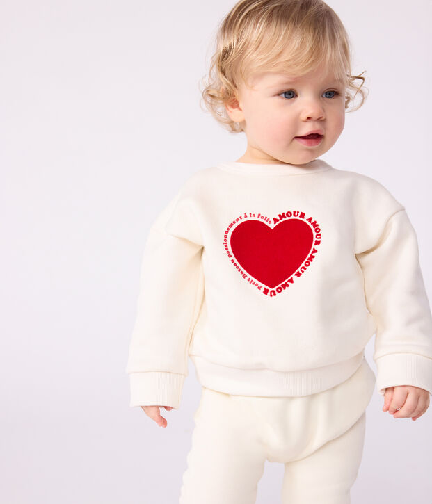 Sweatshirt b&eacute;b&eacute; en coton motif c&oelig;ur &eacute;cru
