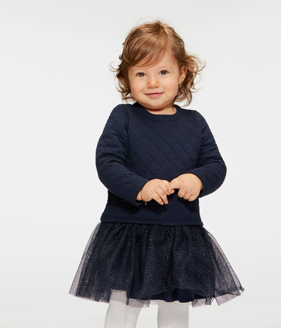Jurk met lange mouwen twee soorten materiaal babymeisje blauw SMOKING/wit MARSHMALLOW