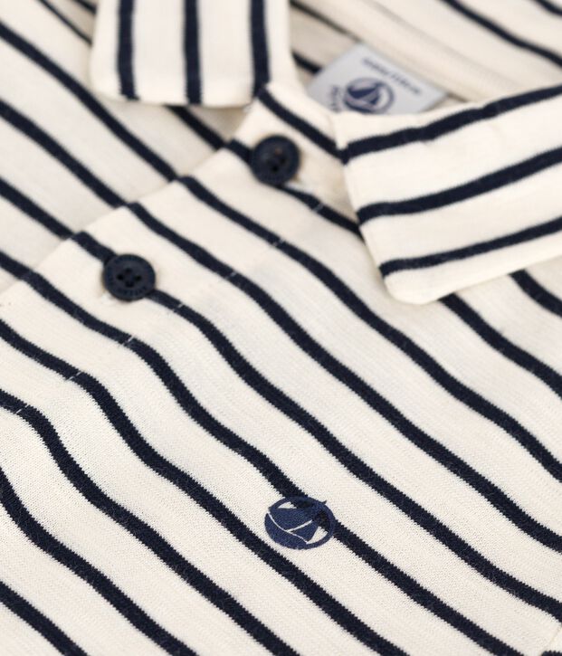 Katoenen kinderpolo met korte mouw en streepjes ecru/blauw