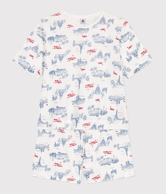 Korte katoenen damespyjama met Parijs-print wit MARSHMALLOW/wit MULTICO