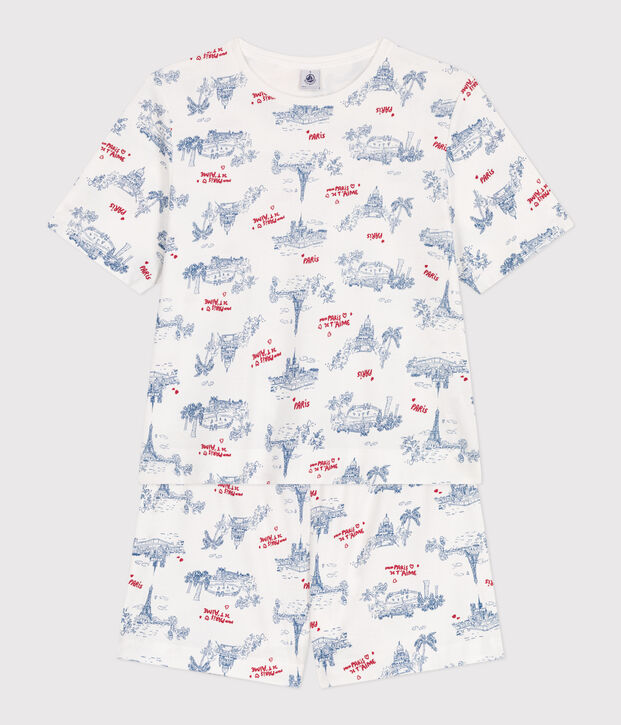 Pyjama short femme en coton imprim&eacute; Paris blanc/multicouleur