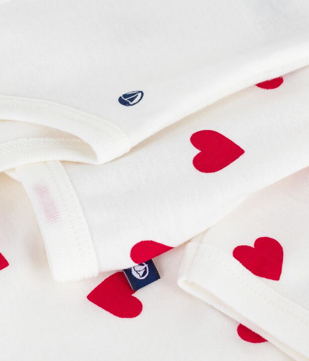 Driedelig katoenen babysetje met overslag en hartjesprint wit/rood