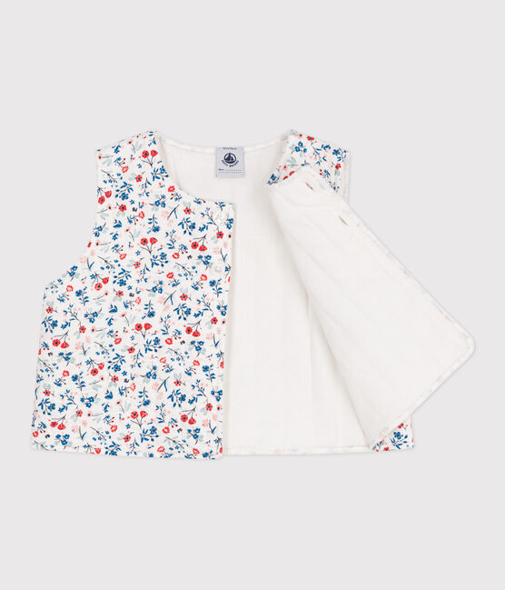 Mouwloos babyjasje in poplin met bloemenprint wit MARSHMALLOW/wit MULTICO