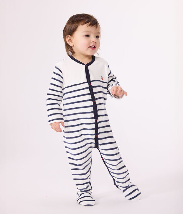 Gestreepte babypyjama van velours wit/blauw
