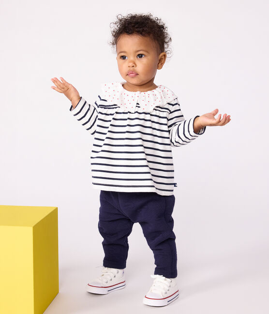 Katoenen babybloesje met lange mouw, matrozenstreepjes en kraag met hartjes wit MARSHMALLOW/blauw SMOKING