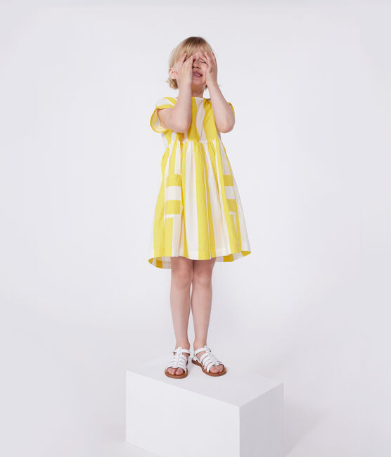 Katoenen kinderjurk met korte mouwen en strepen wit MARSHMALLOW/ ORGE