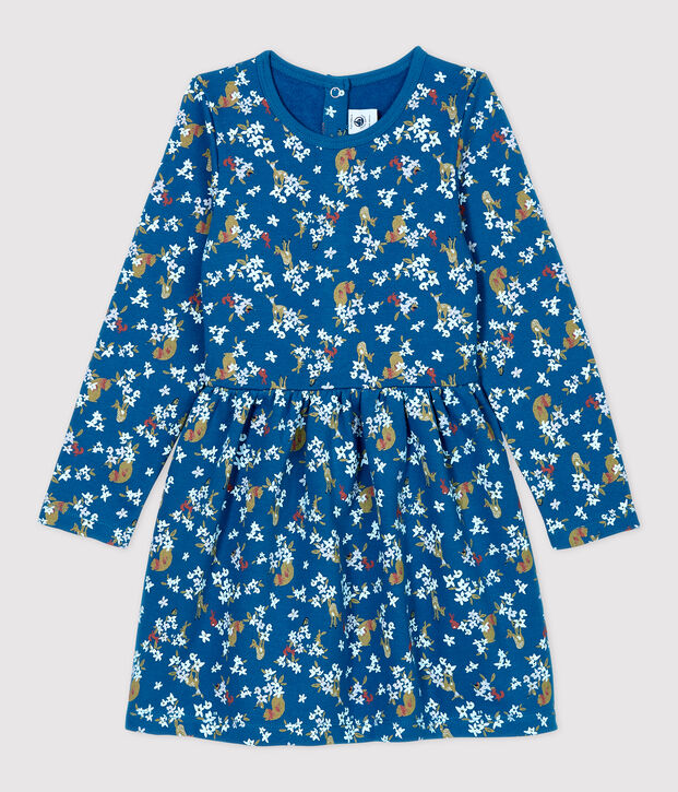 Molton meisjesjurk met lange mouwen blauw/multicouleur