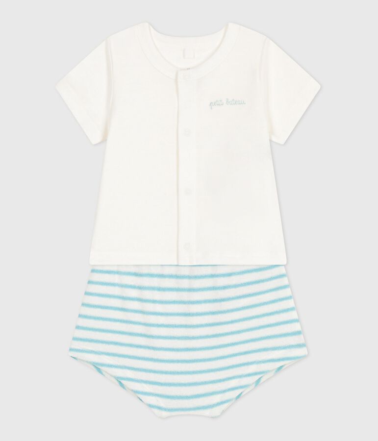 Ensemble naissance deux pi&egrave;ces en coton avec bas ray&eacute; blanc/bleu