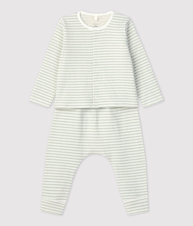 Ensemble 2 pi&egrave;ces ray&eacute; en tubique bio b&eacute;b&eacute; blanc/vert