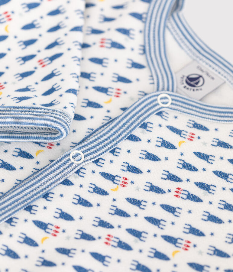 Fluwelen babypyjama met raketprint wit MARSHMALLOW/wit MULTICO