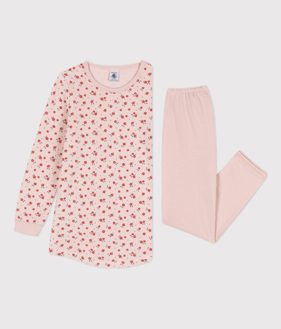 Nachthemd en legging met bloemetje voor meisjes in velours en katoen roze SALINE/wit MULTICO