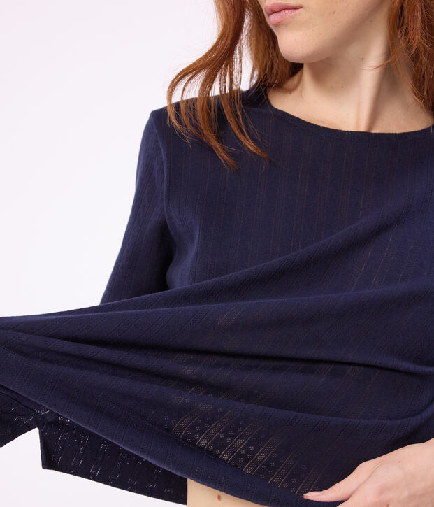 Pyjama manches courtes femme en coton ajour&eacute; bleu