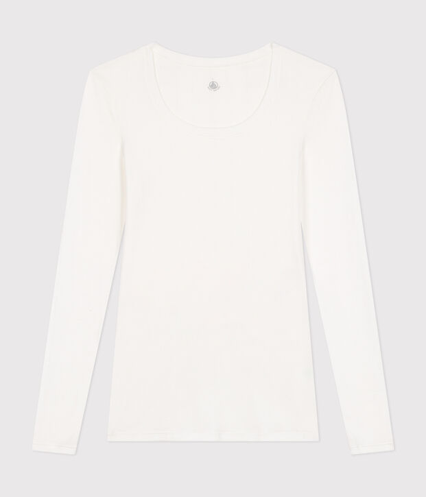 Katoenen dames-T-shirt met lange mouwen en diepe, ronde halsuitsnijding wit