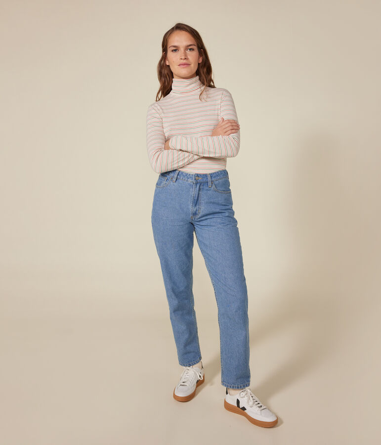 L'ICONIQUE, dames-T-shirt met rolkraag in katoen ecru/multicouleur