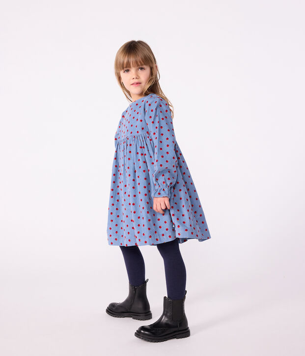 Robe enfant manches longues en velours imprim&eacute; bleu/multicouleur