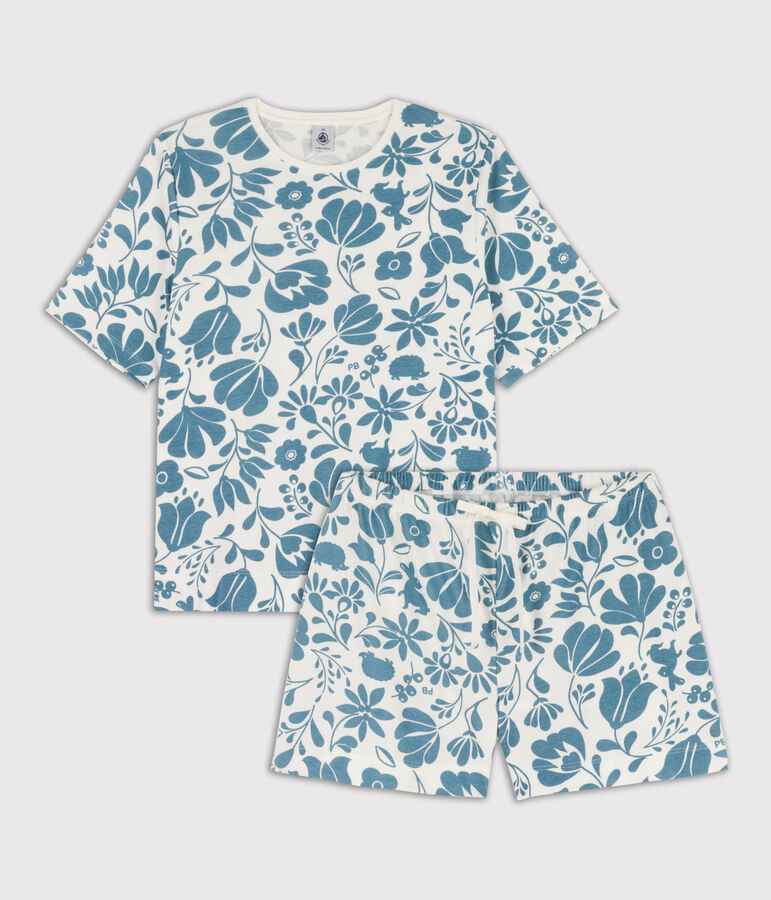 Pyjacourt fleur femme en coton blanc/bleu