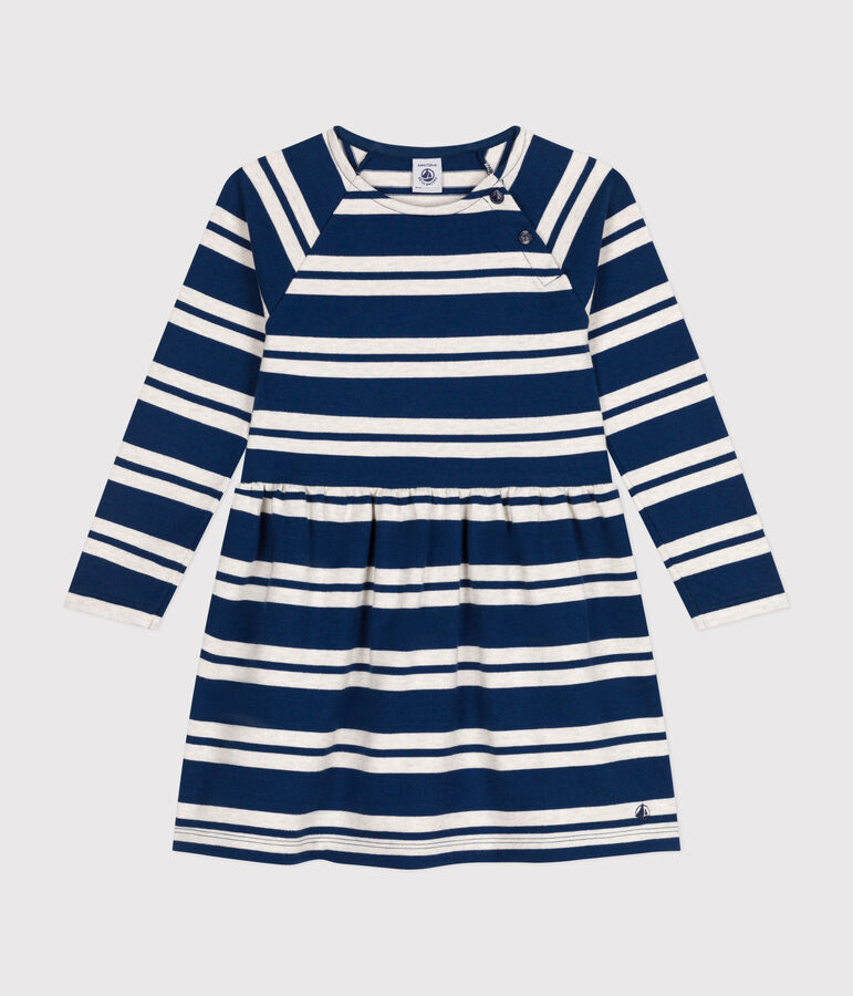 Robe manches longues en coton &eacute;pais enfant fille bleu/beige