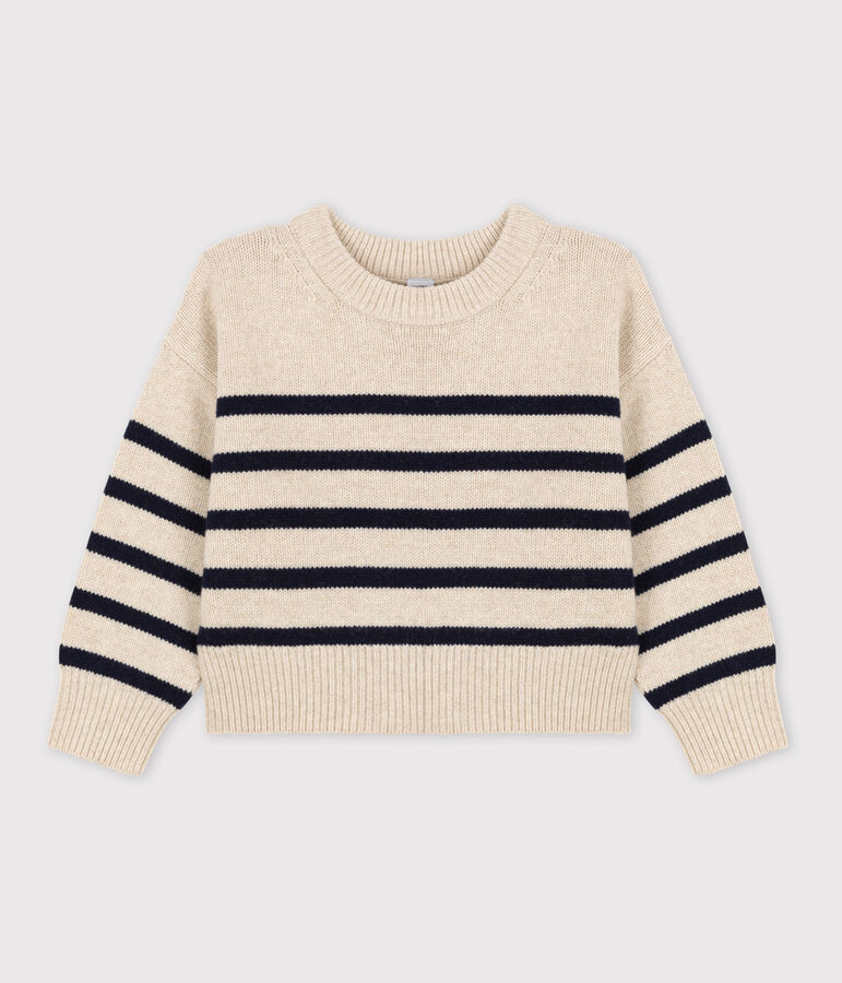 Pull ray&eacute; en laine et coton enfant fille / gar&ccedil;on &eacute;cru/bleu