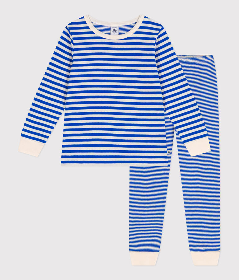 Pyjama enfant en tubique &agrave; rayures bleu/&eacute;cru