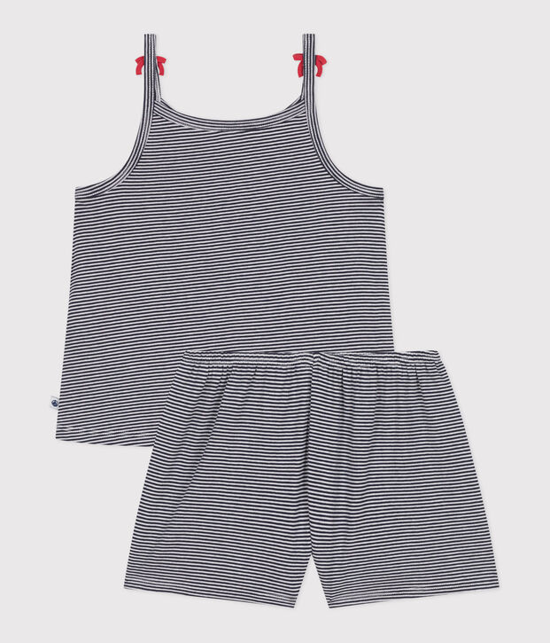 Korte, gestreepte pyjama met bandjes van katoen voor kinderen blauw/wit