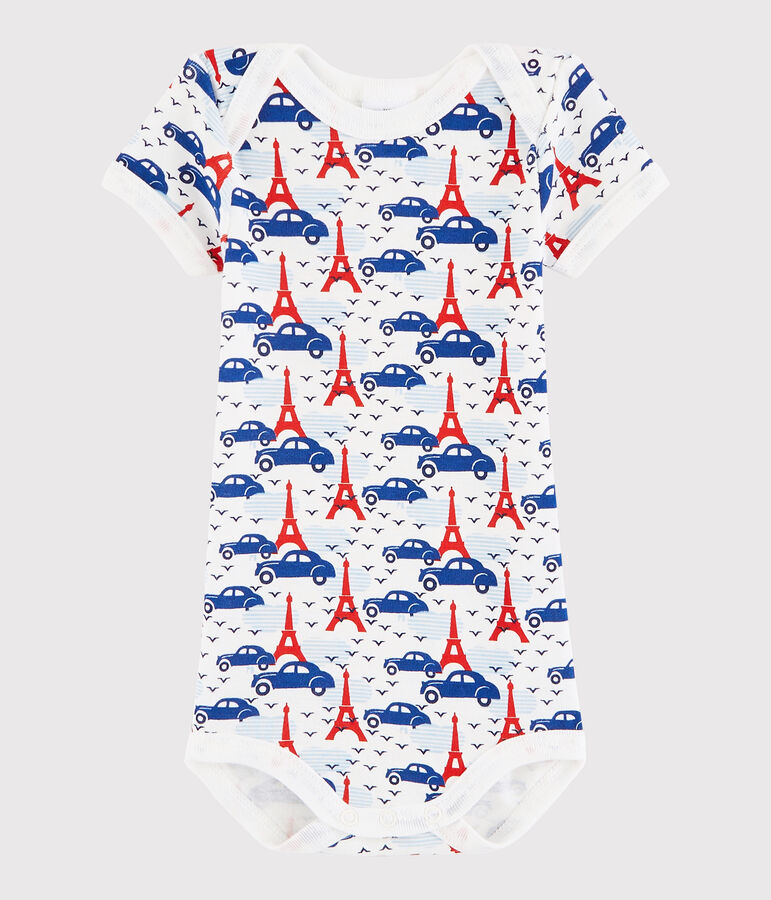 Rompertje met korte mouwen babyjongen wit MARSHMALLOW/wit MULTICO