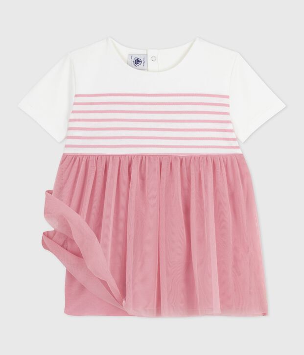 Robe b&eacute;b&eacute; coton et tulle manches courtes, haut ray&eacute; blanc/rose