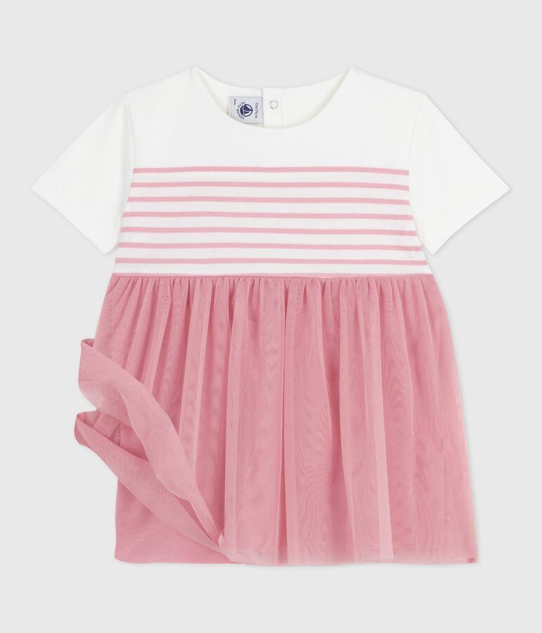 Robe b&eacute;b&eacute; coton et tulle manches courtes, haut ray&eacute; blanc/rose