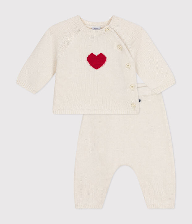 Gebreid setje van wol en katoen met hartjesmotief voor baby's wit/rood