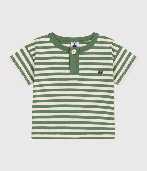 Katoenen T-shirt met korte mouwen en streepjes voor baby's groen PALMERAIE/ AVALANCHE
