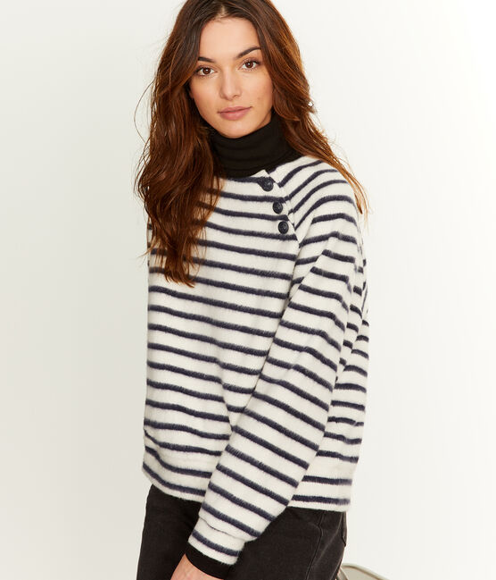 Ultrazachte marinetrui vrouwen beige COQUILLE/blauw SMOKING