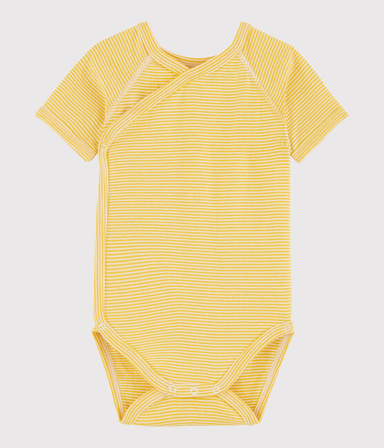 Rompertje gekruist met korte mouwen babymeisje - babyjongen geel HONEY/wit MARSHMALLOW