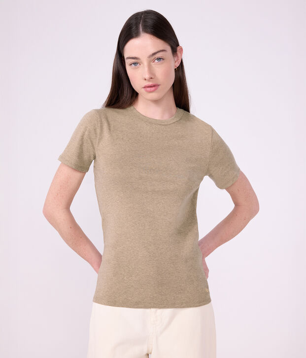 Dames-T-shirt van effen katoen met korte mouwen beige
