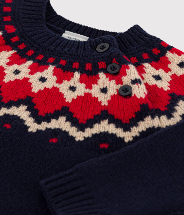 Pull jacquart en tricot laine et coton b&eacute;b&eacute; bleu/multicouleur