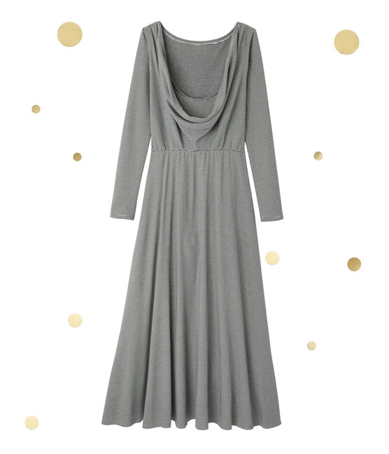 Robe longue femme à manches longues. Petit bateau x Marie-Agnès Gillot bleu SMOKING/beige COQUILLE