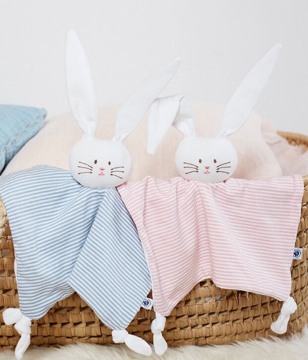 Doudou lapin b&eacute;b&eacute; en c&ocirc;te bleu/blanc