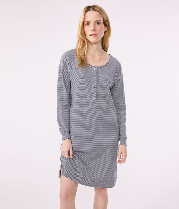 Chemise de nuit en coton ray&eacute; femme bleu/blanc
