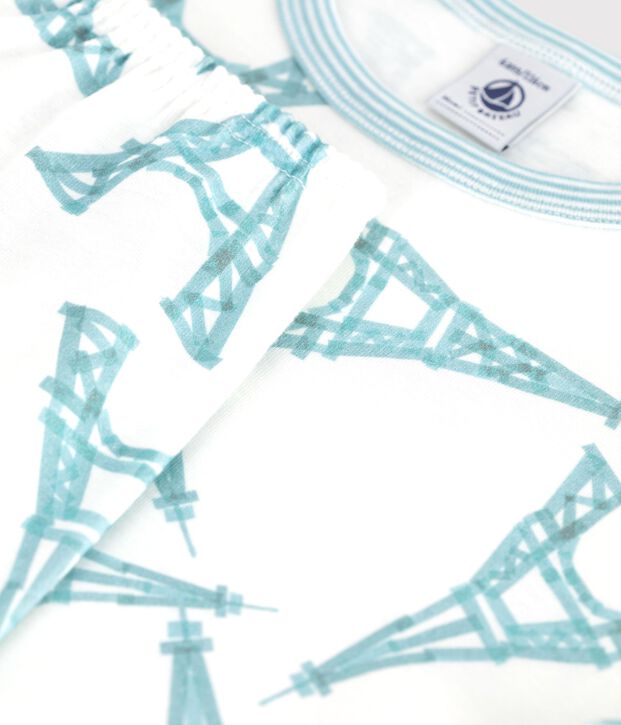 Pyjama enfant en coton manches courtes jambes longues Tour Eiffel blanc/multicouleur