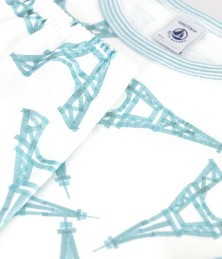 Pyjama enfant en coton manches courtes jambes longues Tour Eiffel blanc/multicouleur