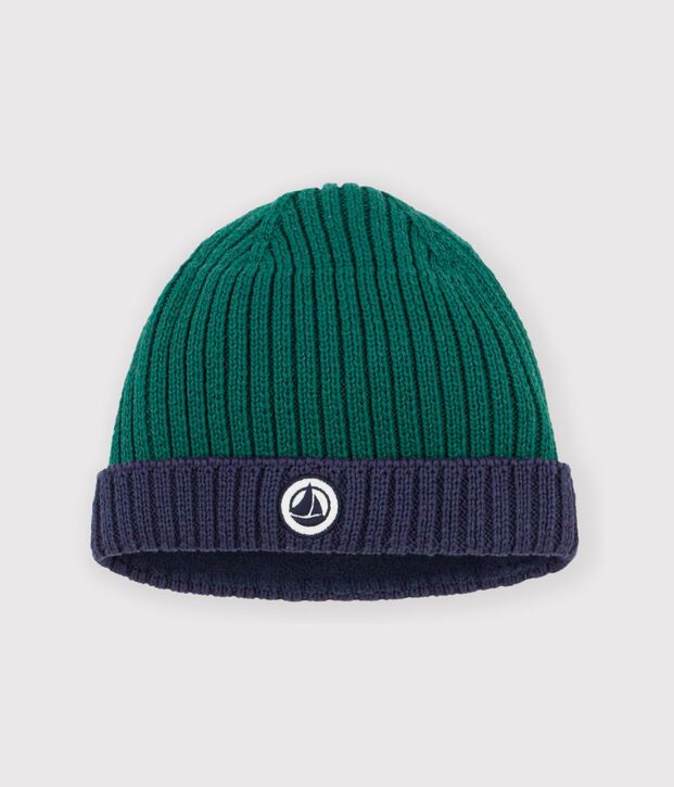 Bonnet b&eacute;b&eacute; en tricot bicolore doubl&eacute; polaire vert/bleu
