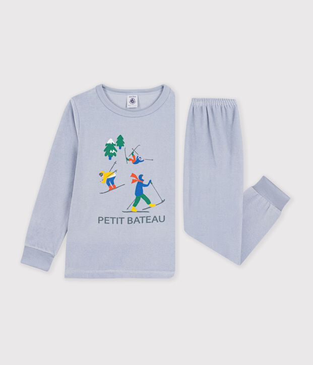 Pyjama enfant en velours uni &agrave; motif skieurs bleu clair