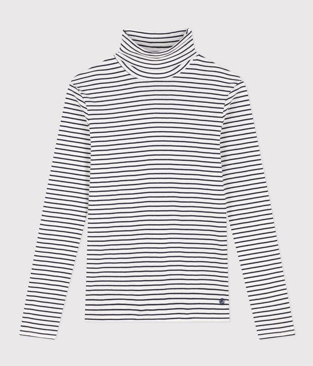 L'ICONIQUE, dames-T-shirt met rolkraag in katoen wit/blauw